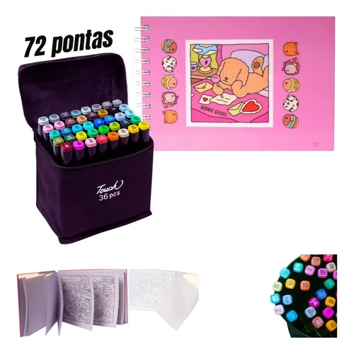 Kit Livro De Colorir Dura Caneta Coloridas Touch 36 Cores